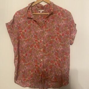 Lucky Brand Floral Button Down Salmon Pink Shirt Woman's Size M Short Sleeve